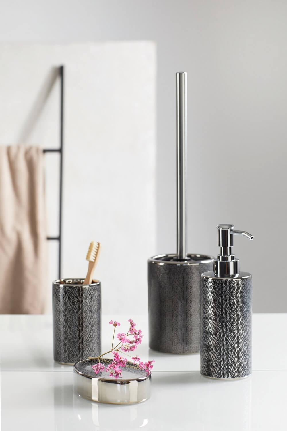 Nuria Ceramic Toothbrush Tumbler Silver Anthracite - BATHROOM - Toothbrush Holders - Soko and Co